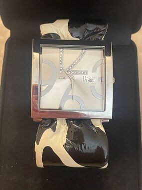Vivani Women's Black and White Cuff Watch with Crystal Accent